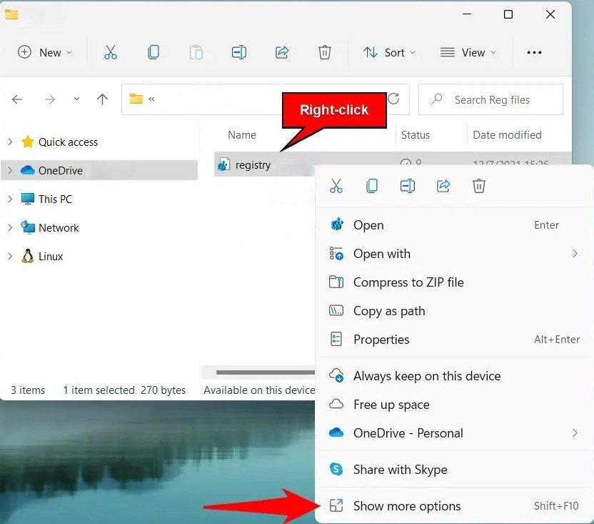 Right-click — Show more options